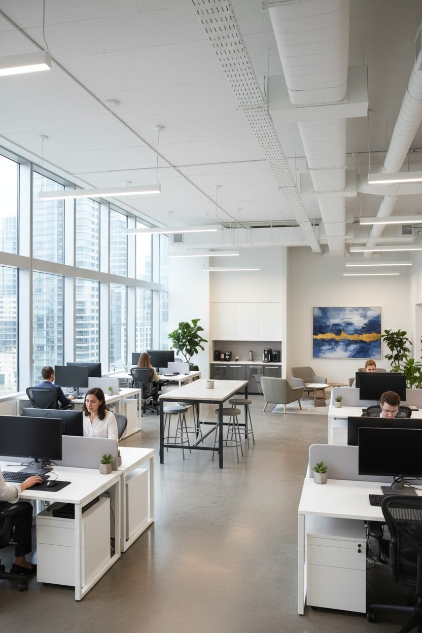 Dipendenti lavorano in un moderno ufficio open space luminoso con ampie vetrate e vista sulla città.