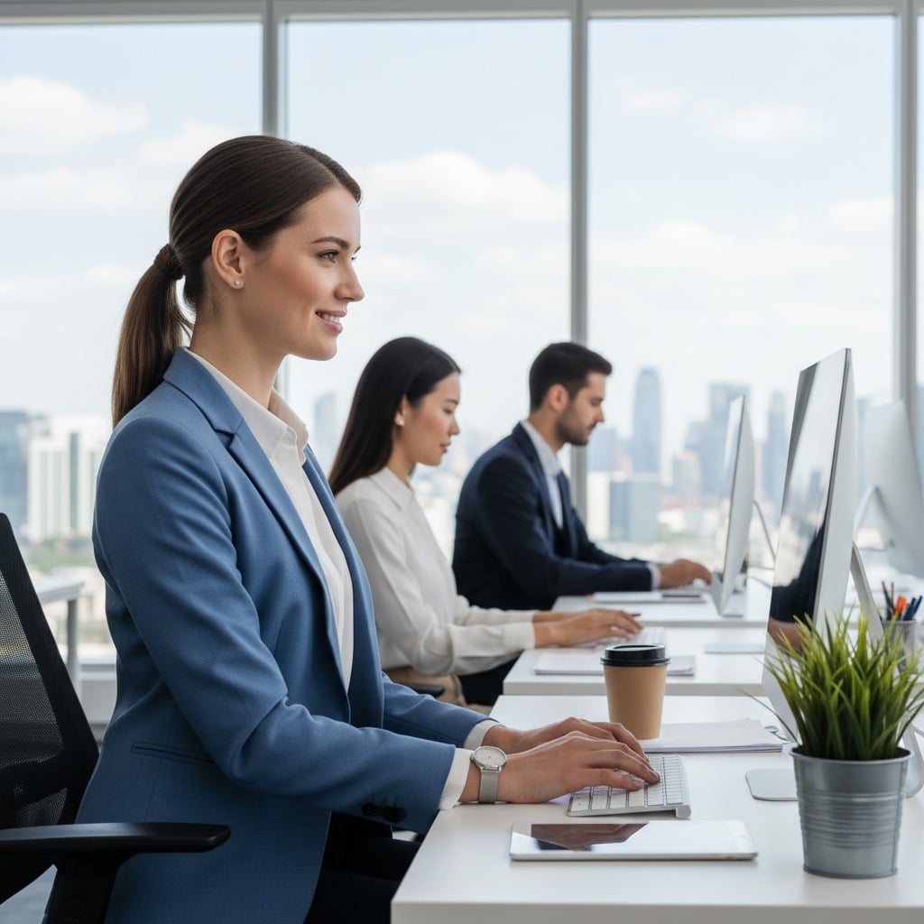 Una donna sorridente in giacca blu lavora al computer in un ufficio moderno con vista sulla citt&agrave;, affiancata da due colleghi.