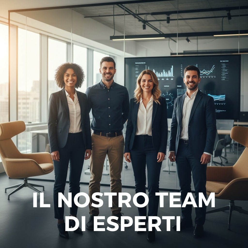 Quattro professionisti sorridenti in abbigliamento business posano in un ufficio moderno con grafici sullo sfondo e la scritta "Il nostro team di esperti" in primo piano.