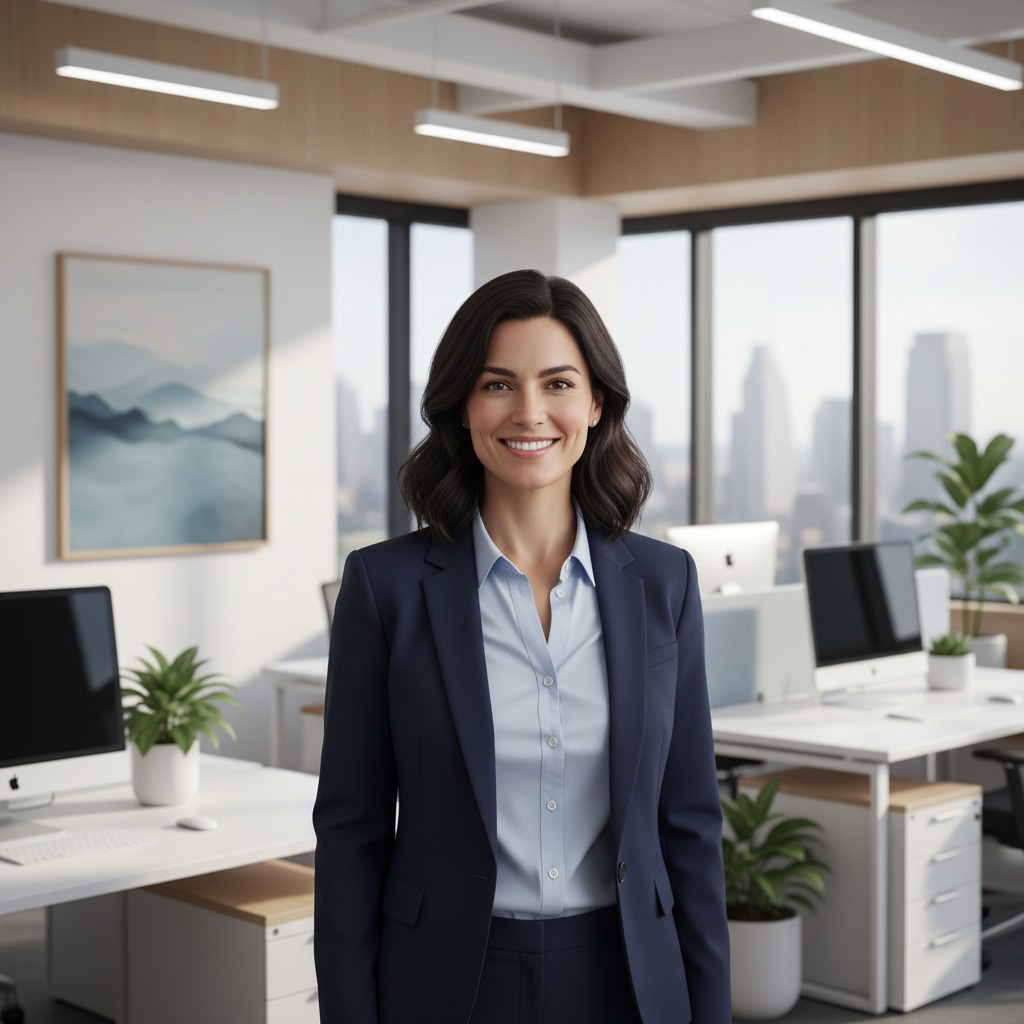 Una donna sorridente in abito professionale si trova in un ufficio moderno e luminoso con vista sulla citt&agrave;.
